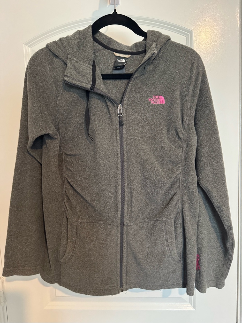 The North Face Women's Gray Hooded Fleece Jacket Pink Logo Breast Cancer edition